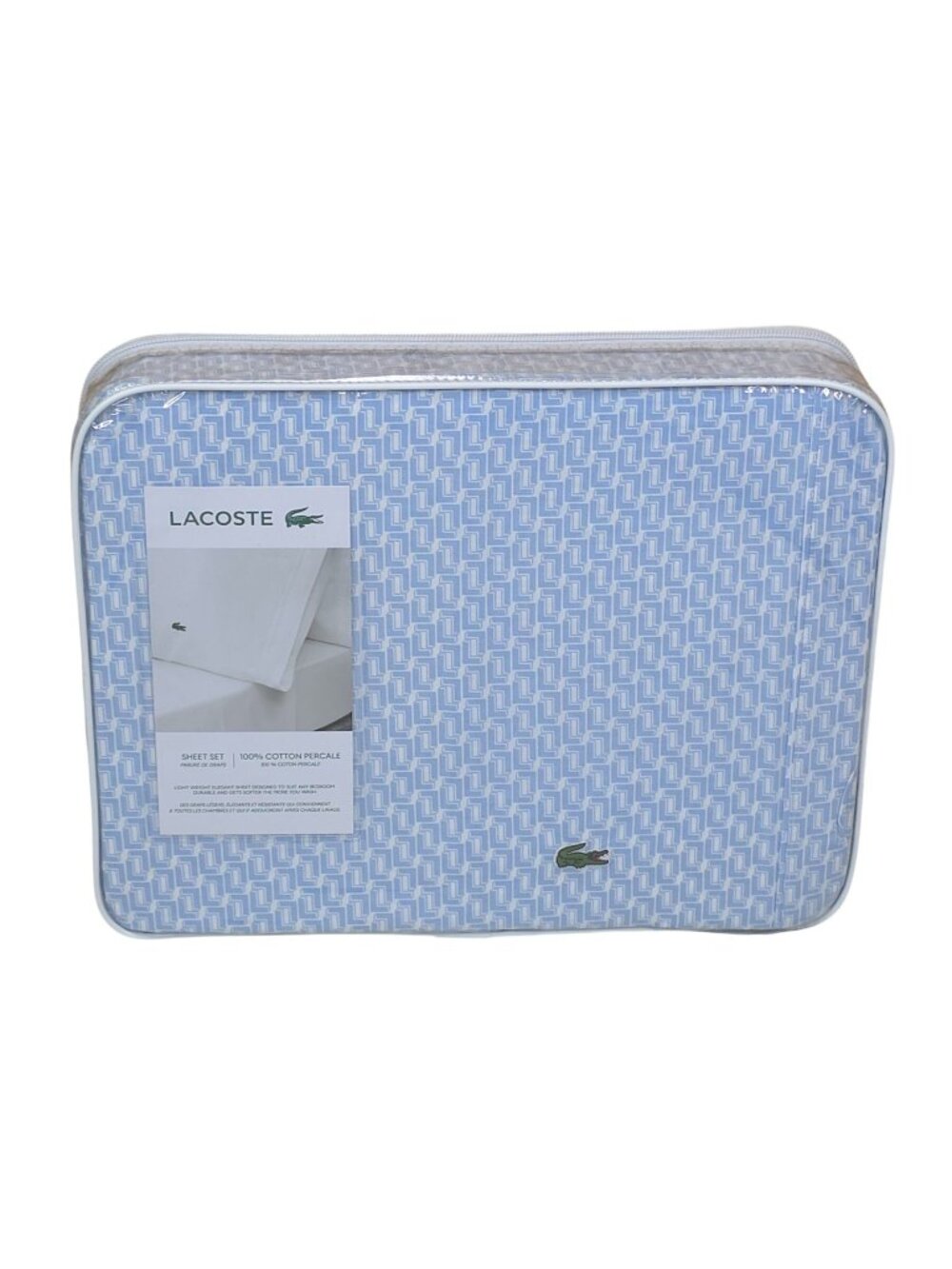 Lacoste Queen Cotton Percale Sheet Set In Mini Geo Logo Open Air Pattern Blue